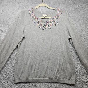 Talbots Gray Pom Pom Sweater Womens Size Small Petite Colorful Rainbow Spring